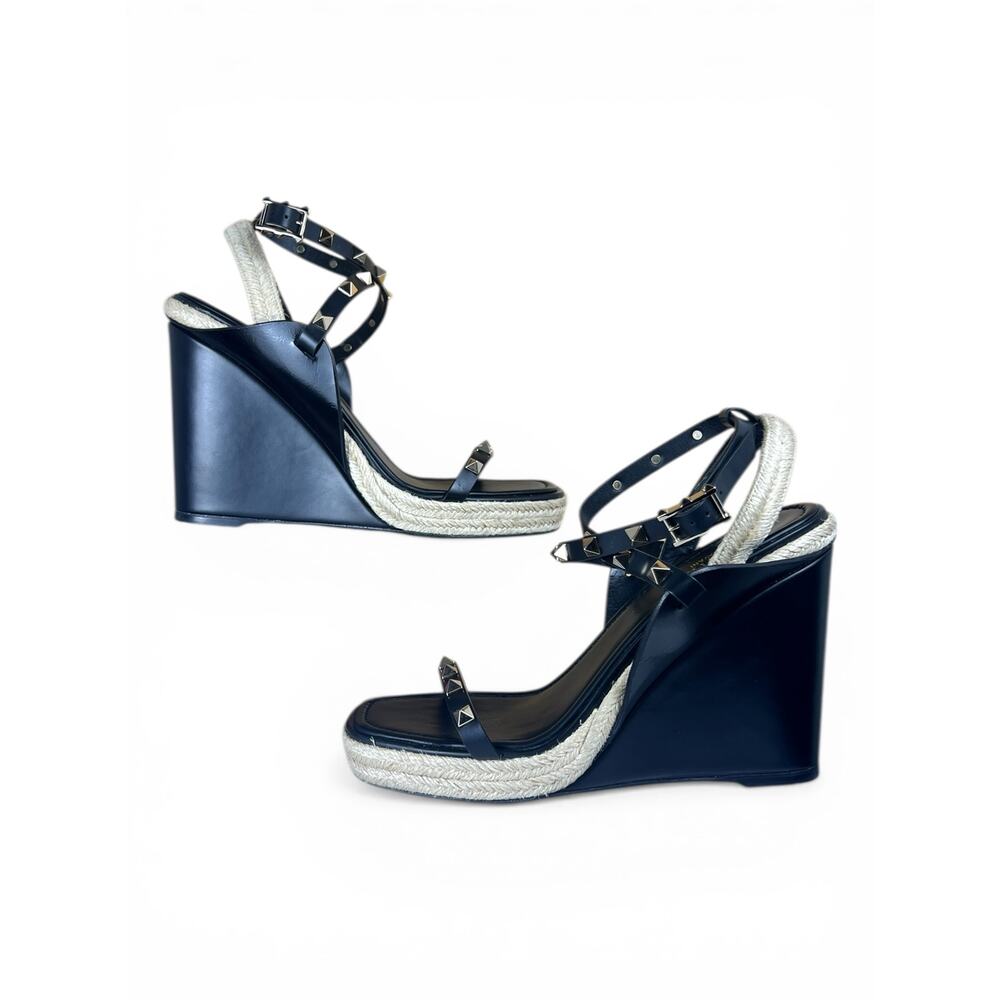 Valentino Garavani Rockstud Espadrille Wedge Sandals Black 39.5 - Picture 7 of 9